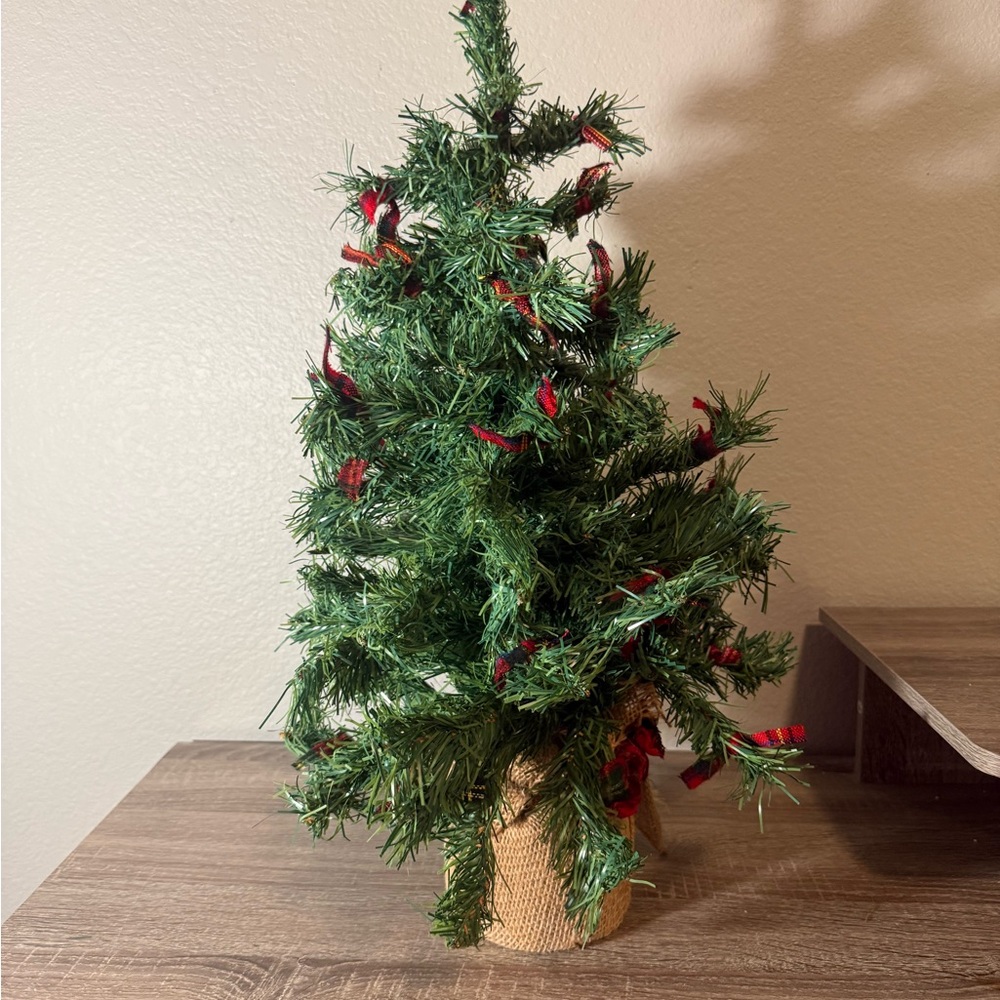 Festive Green Mini Christmas Tree with Red Accents